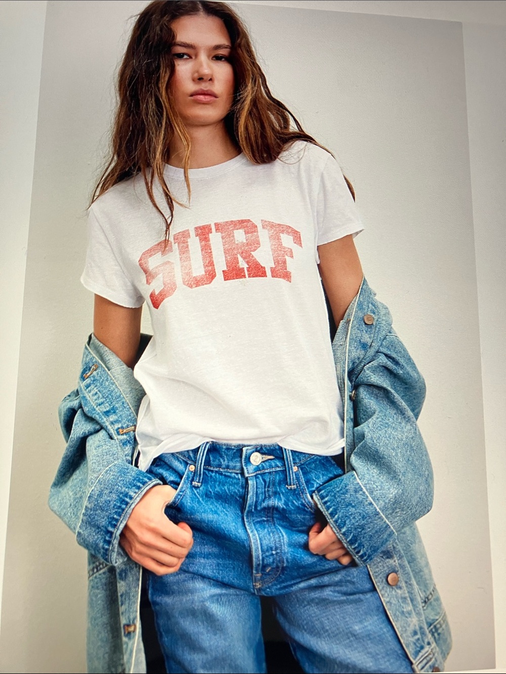 We The Free White Tee with  red 'SURF' Graphic